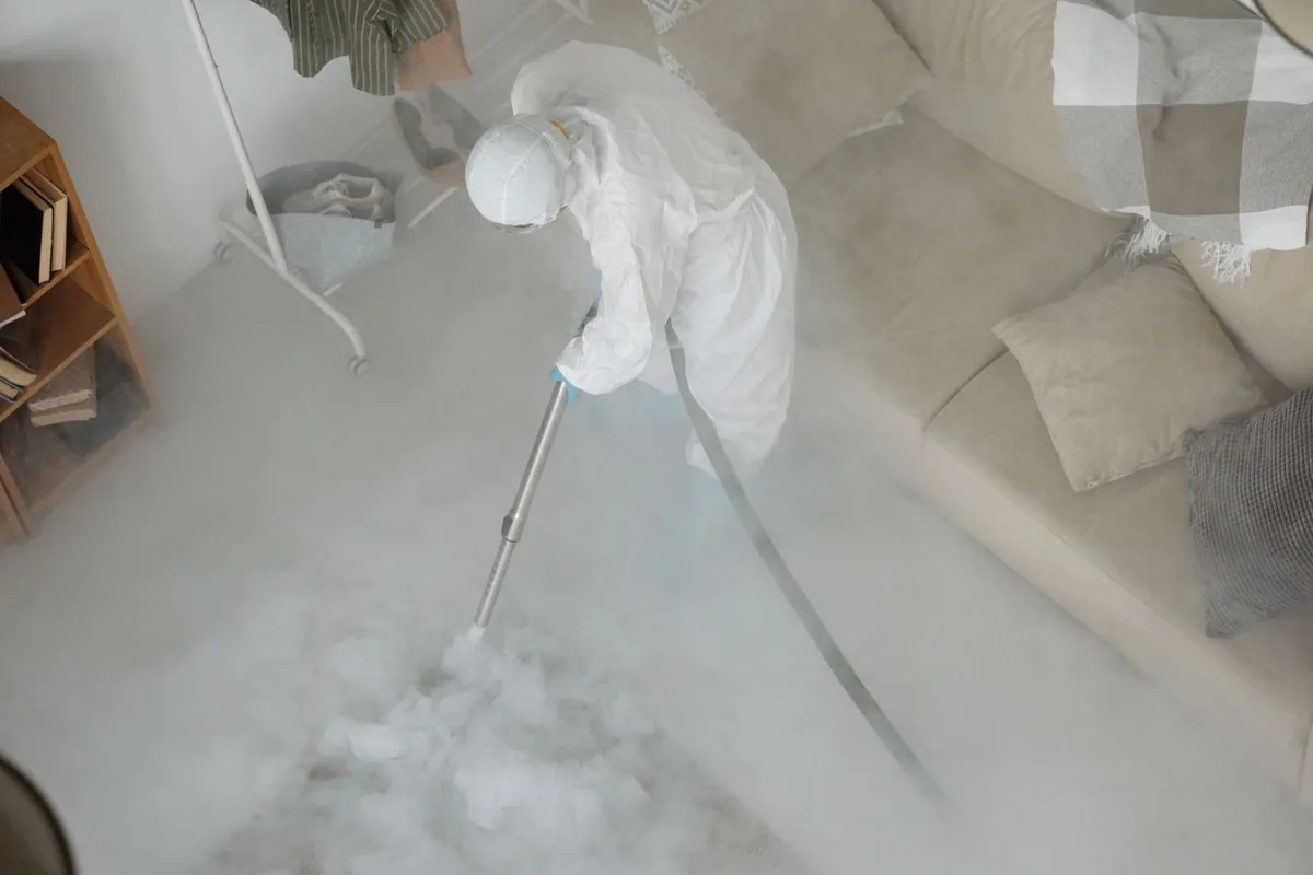 Biohazard cleanup technician in protective equipment, Demarest, NJ